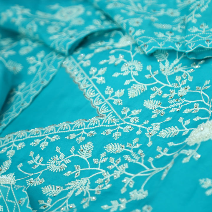 Mourya Aasmani Blue Thread Embroidered with Moti Work Organza Suit Set