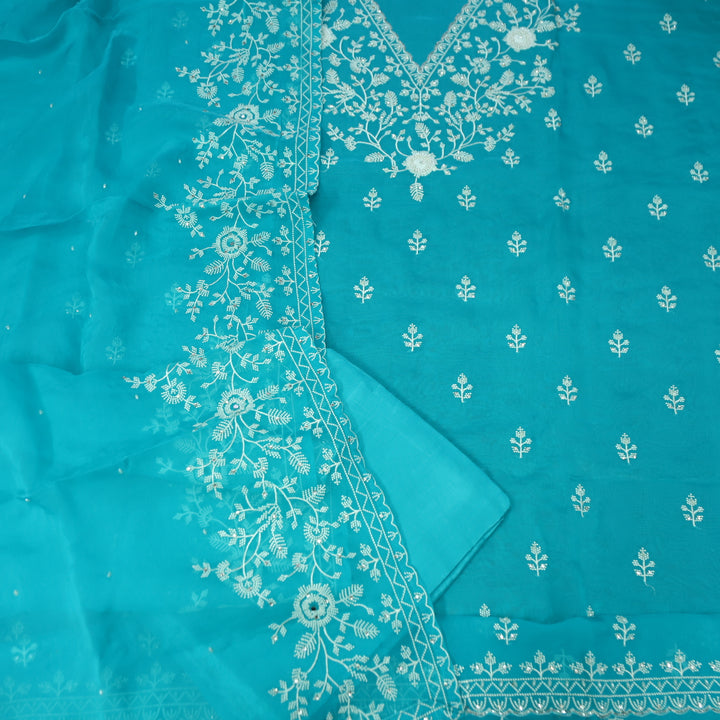 Mourya Aasmani Blue Thread Embroidered with Moti Work Organza Suit Set