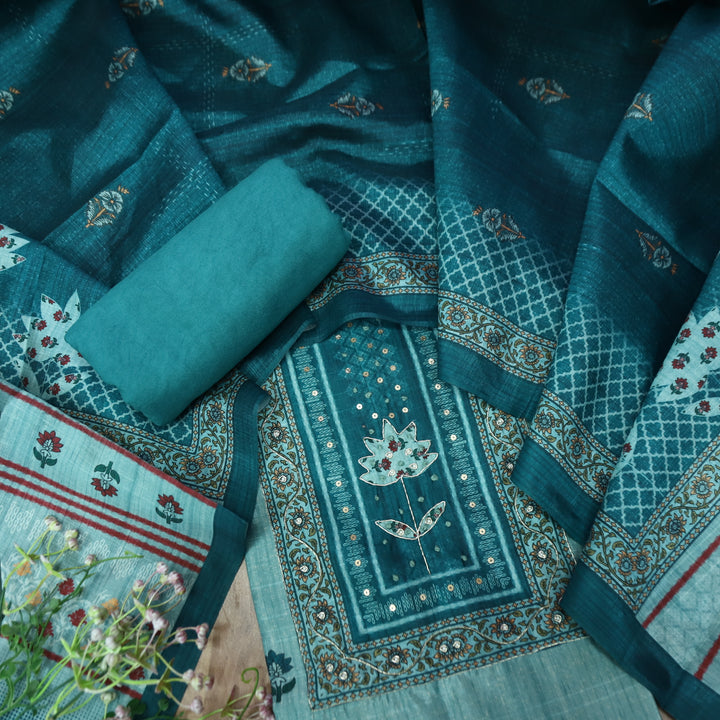 Khalasi Cerulean Turq Digital Printed with Spiral and Patra Work Art Silk Chanderi Set