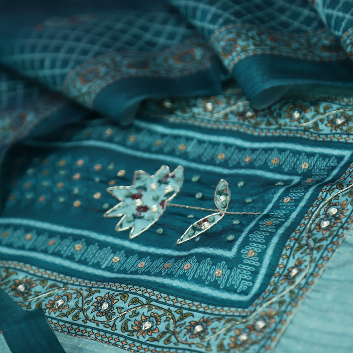Khalasi Cerulean Turq Digital Printed with Spiral and Patra Work Art Silk Chanderi Set