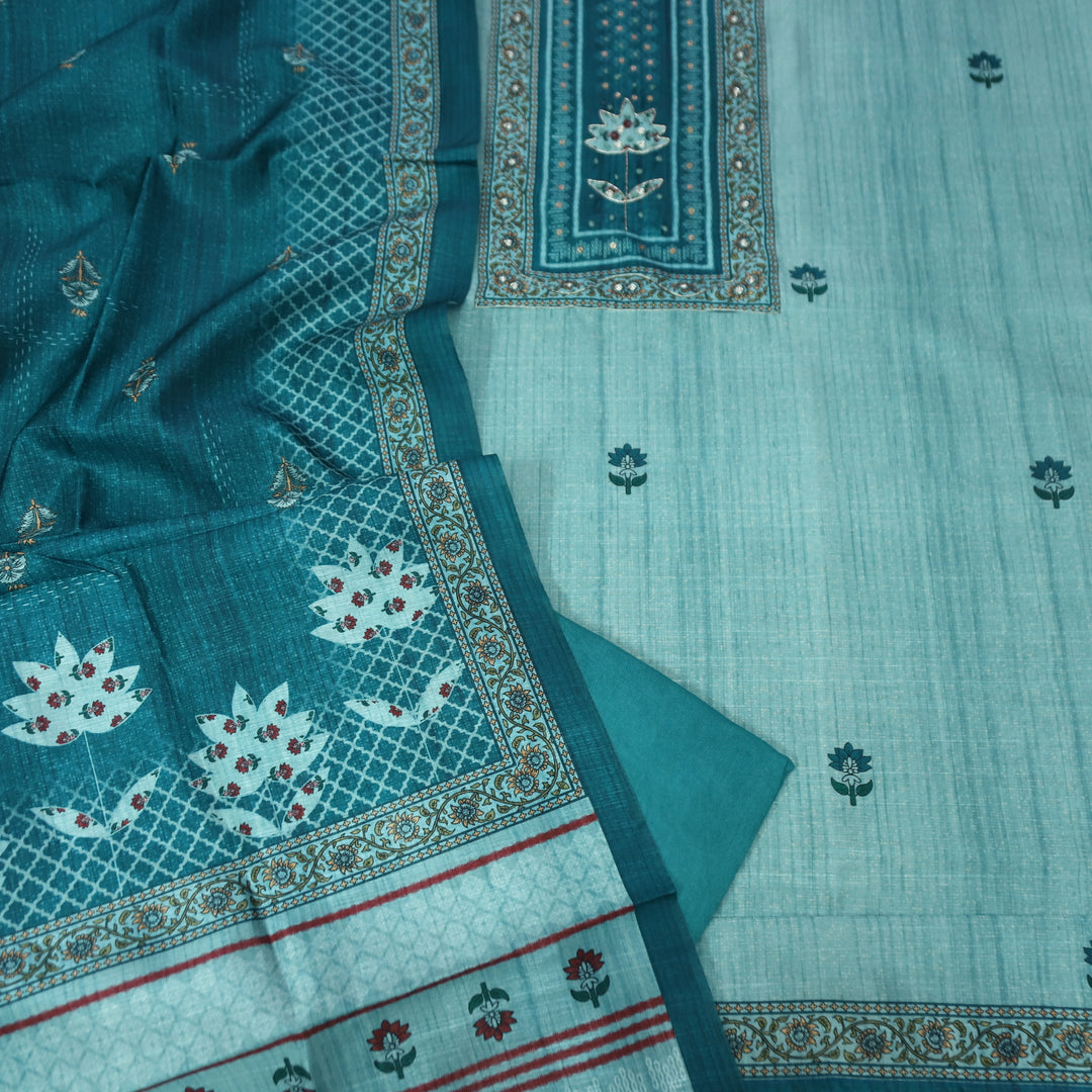 Khalasi Cerulean Turq Digital Printed with Spiral and Patra Work Art Silk Chanderi Set