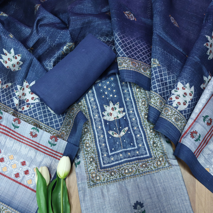 Khalasi Denim Blue Digital Printed with Spiral and Patra Work Art Silk Chanderi Set