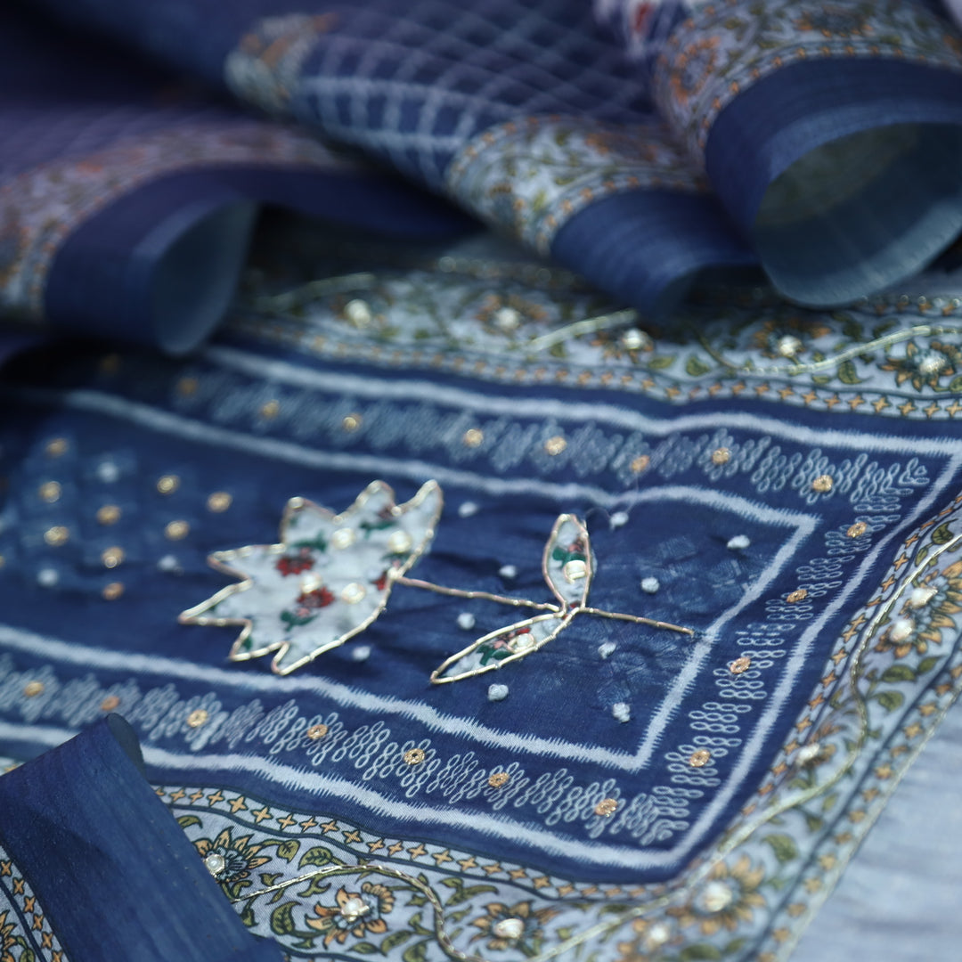 Khalasi Denim Blue Digital Printed with Spiral and Patra Work Art Silk Chanderi Set