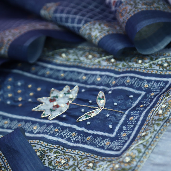 Khalasi Denim Blue Digital Printed with Spiral and Patra Work Art Silk Chanderi Set