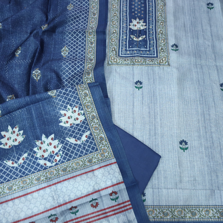 Khalasi Denim Blue Digital Printed with Spiral and Patra Work Art Silk Chanderi Set
