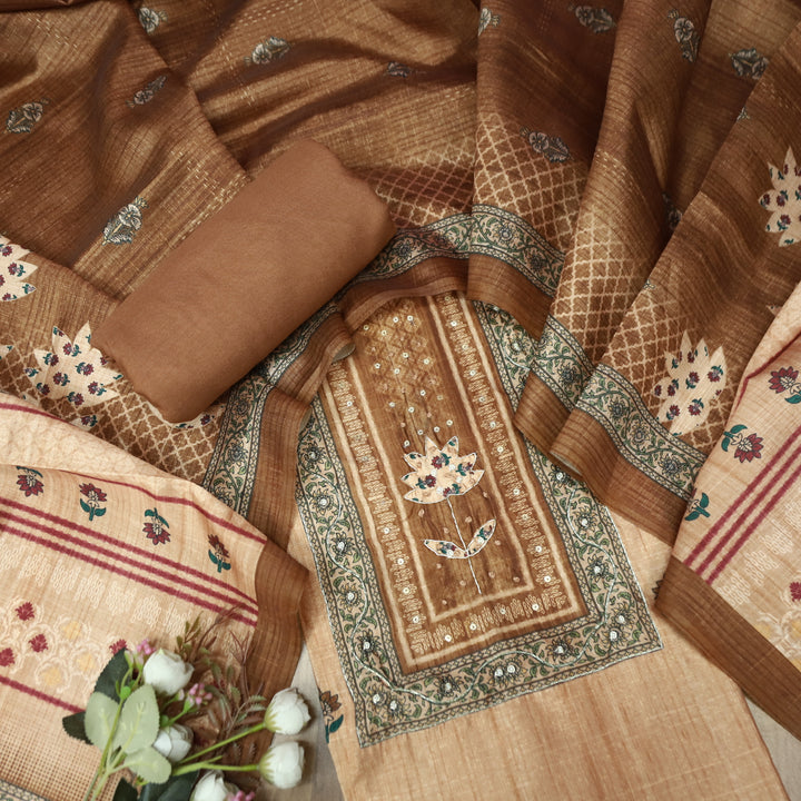Khalasi Latte Brown Digital Printed with Spiral and Patra Work Art Silk Chanderi Set