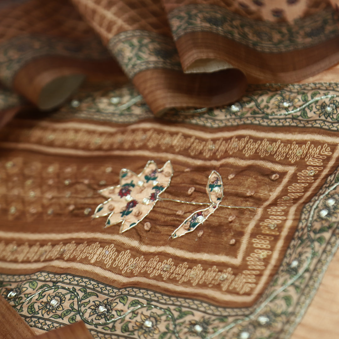 Khalasi Latte Brown Digital Printed with Spiral and Patra Work Art Silk Chanderi Set