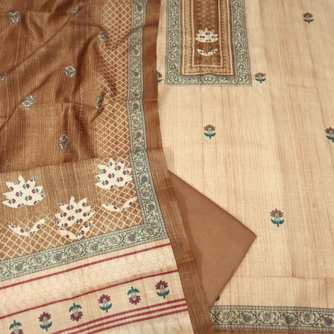 Khalasi Latte Brown Digital Printed with Spiral and Patra Work Art Silk Chanderi Set