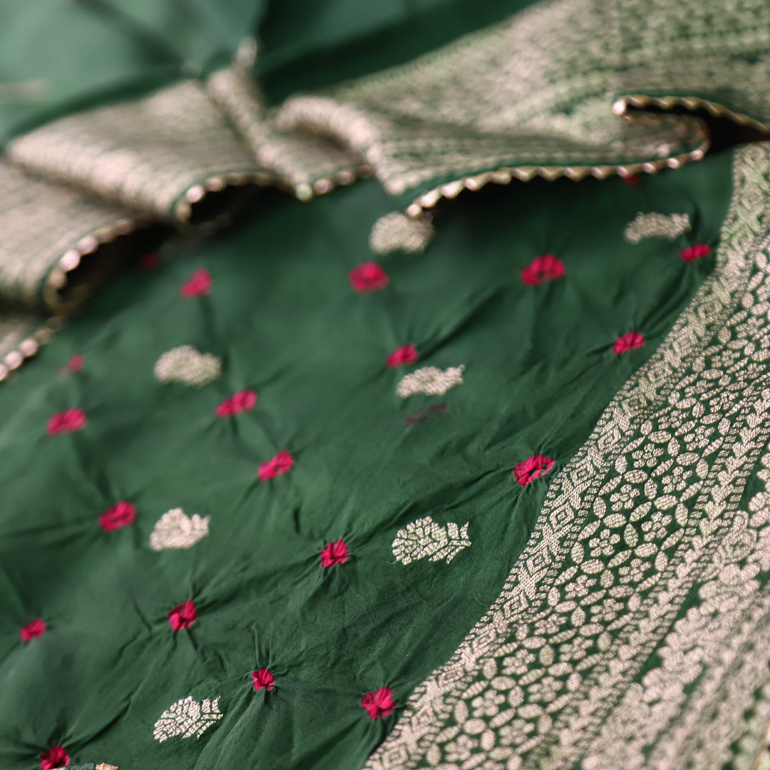 Naari Sacramento Green All Over Zari Weaved and Bandhej Work Dola Silk Set