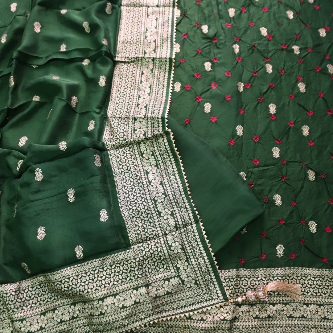 Naari Sacramento Green All Over Zari Weaved and Bandhej Work Dola Silk Set