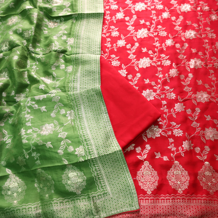 Naari Tomato Red All Over Zari Work with Jacquard Weaved Dola Silk Suit Set