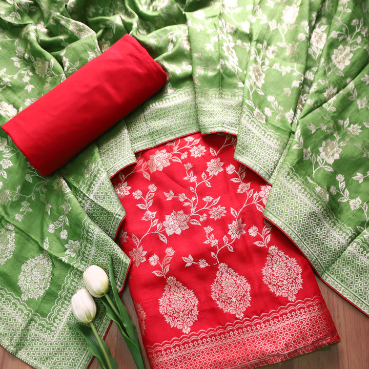 Naari Tomato Red All Over Zari Work with Jacquard Weaved Dola Silk Suit Set