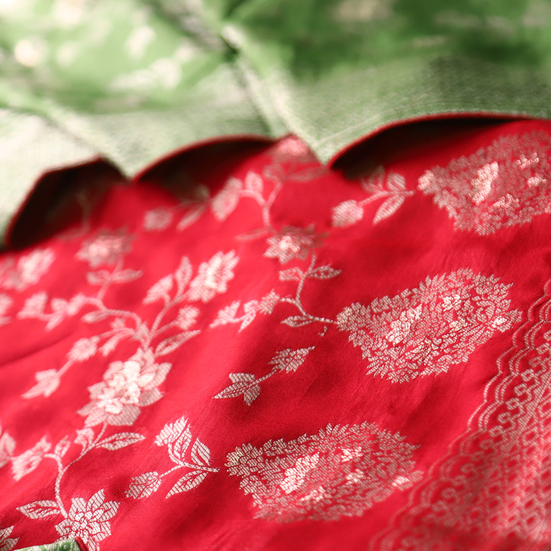 Naari Tomato Red All Over Zari Work with Jacquard Weaved Dola Silk Suit Set