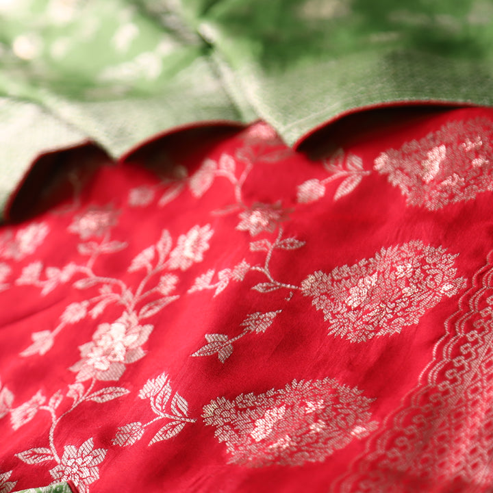 Naari Tomato Red All Over Zari Work with Jacquard Weaved Dola Silk Suit Set