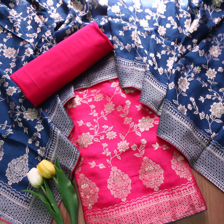 Naari Magenta Pink All Over Zari Work with Jacquard Weaved Dola Silk Suit Set