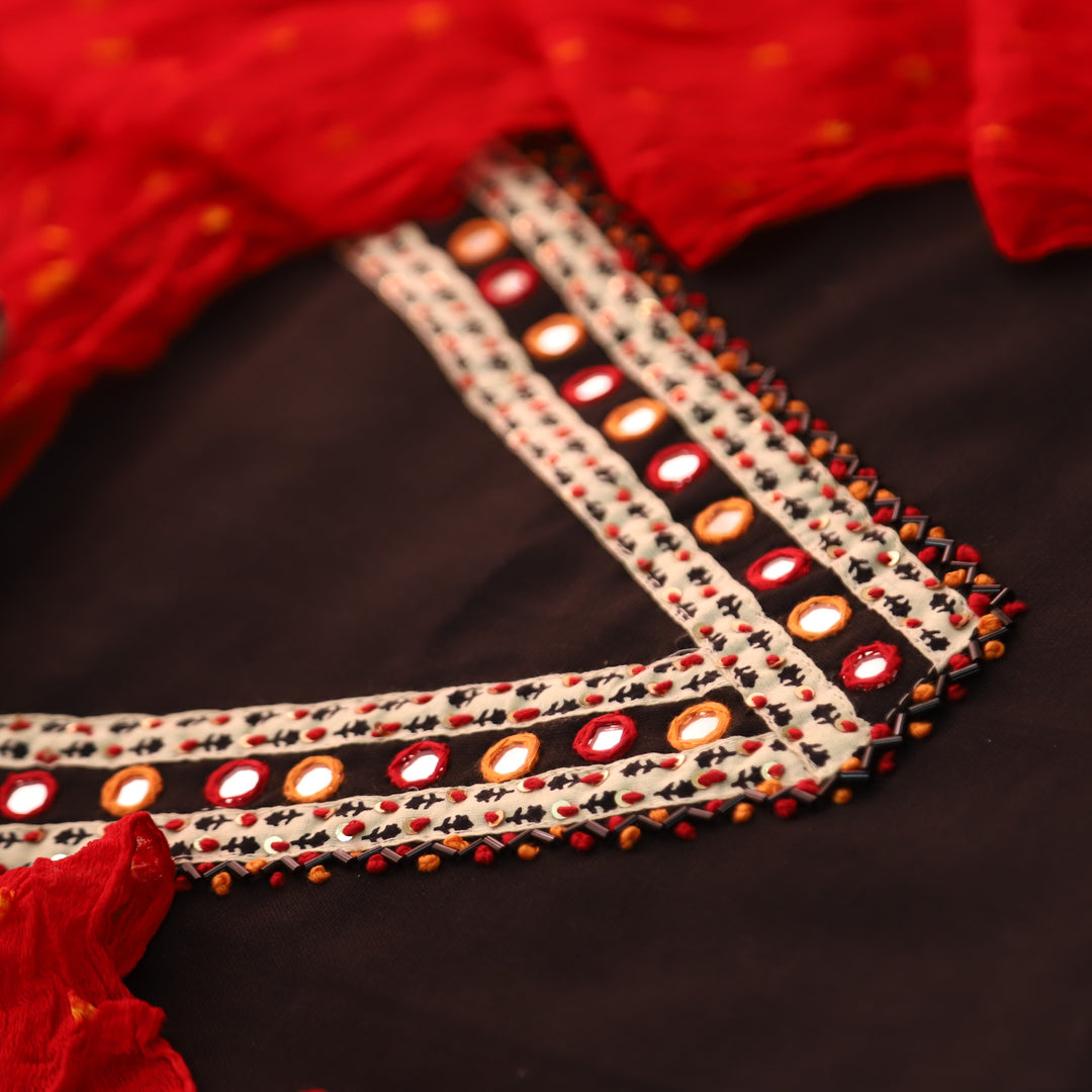 Gharana Raven Black Embroidered V Neck with Patra Work Cotton Suit Set