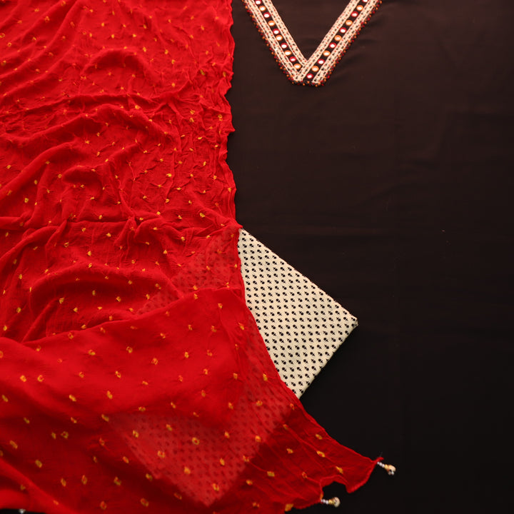 Gharana Raven Black Embroidered V Neck with Patra Work Cotton Suit Set