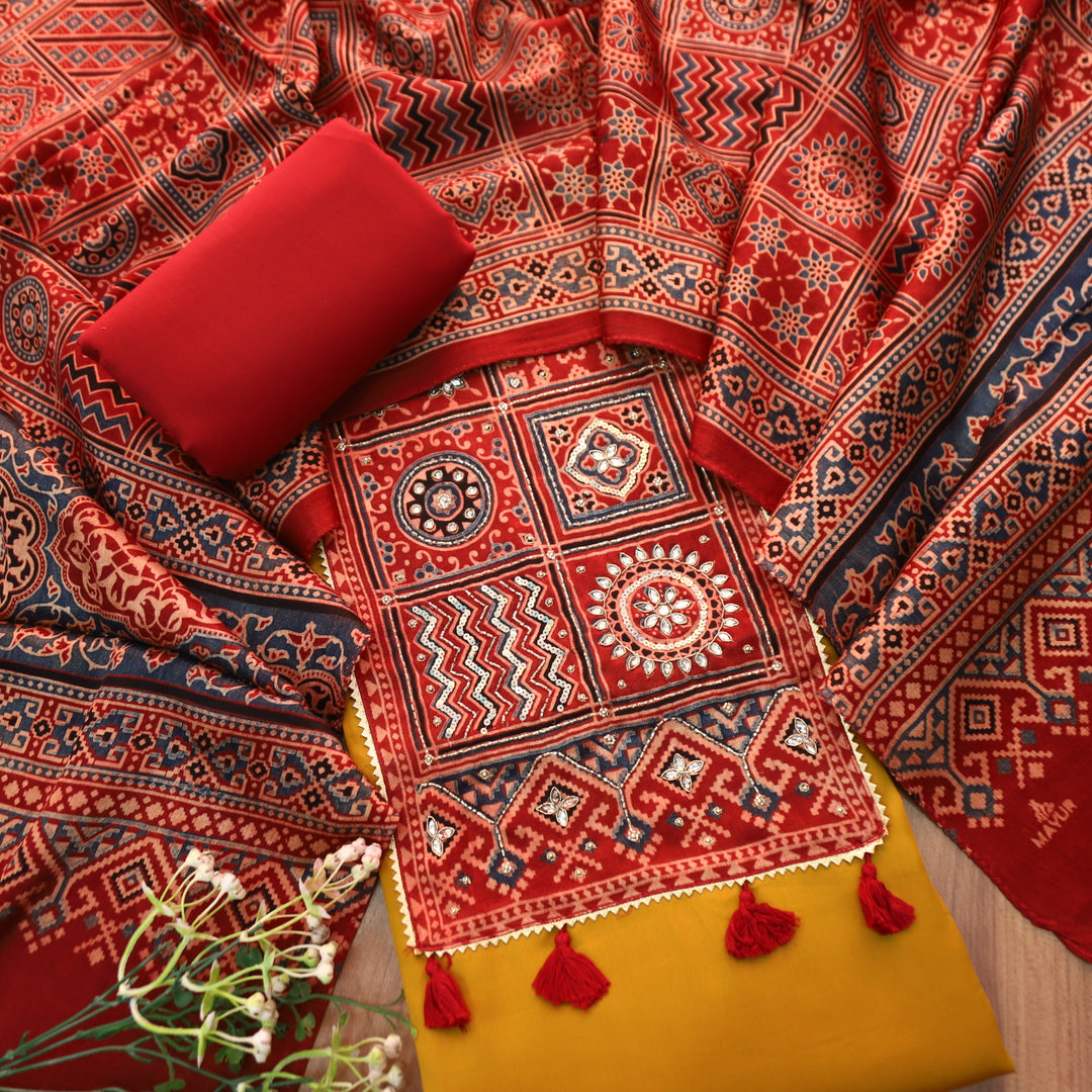 Malika Dijon Yellow with Mashru Print Patch Yoke Style Glazed Cotton Suit Set