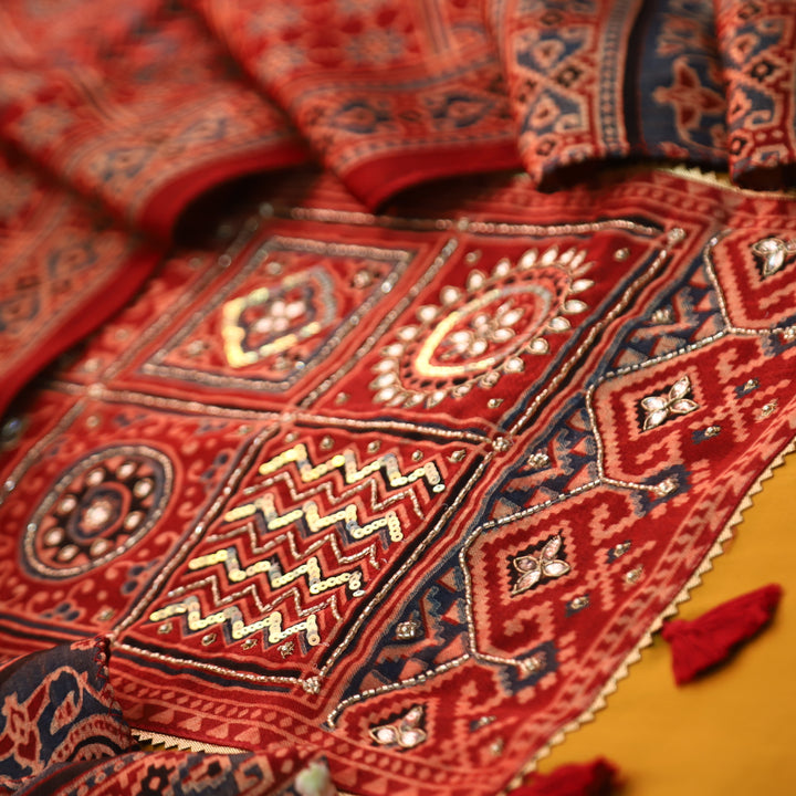 Malika Dijon Yellow with Mashru Print Patch Yoke Style Glazed Cotton Suit Set