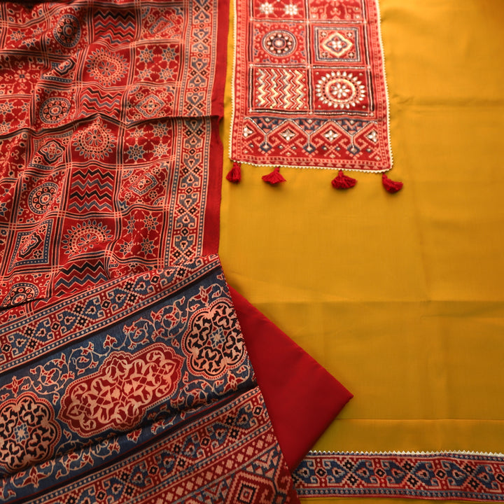 Malika Dijon Yellow with Mashru Print Patch Yoke Style Glazed Cotton Suit Set