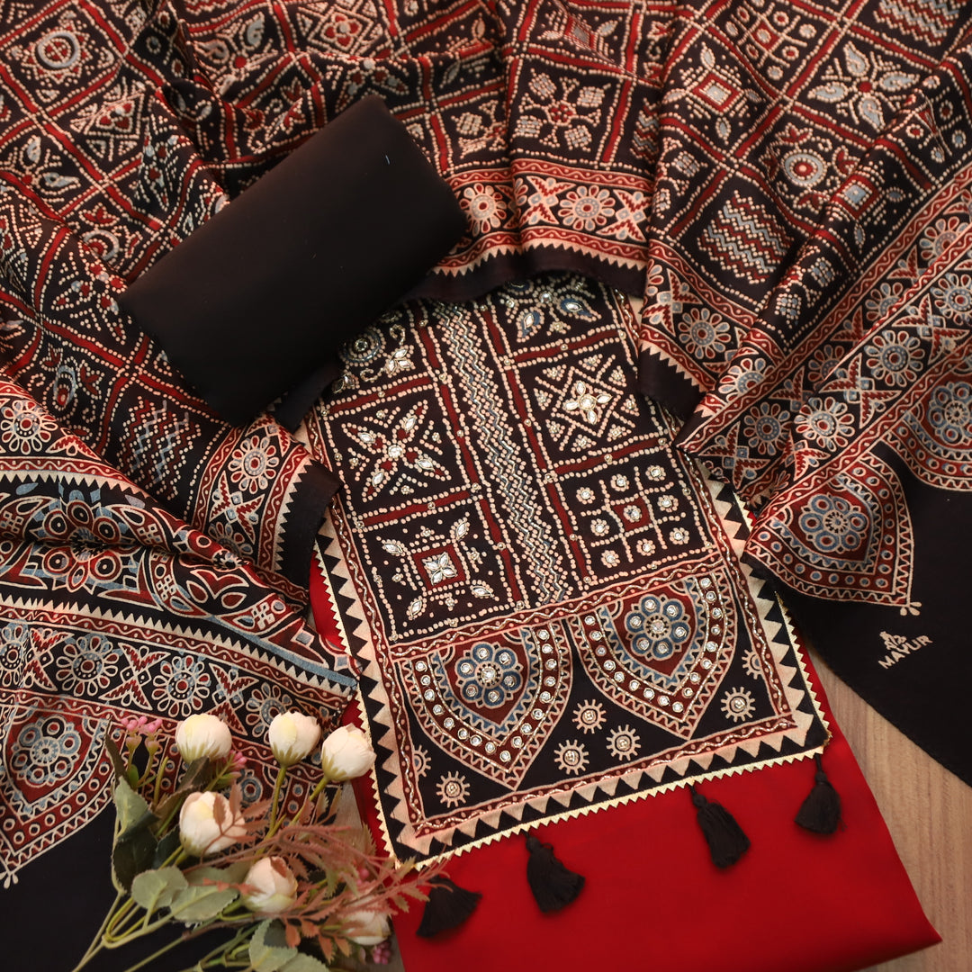 Malika Maroon Red with Mashru Print Patch Yoke Style Glazed Cotton Suit Set