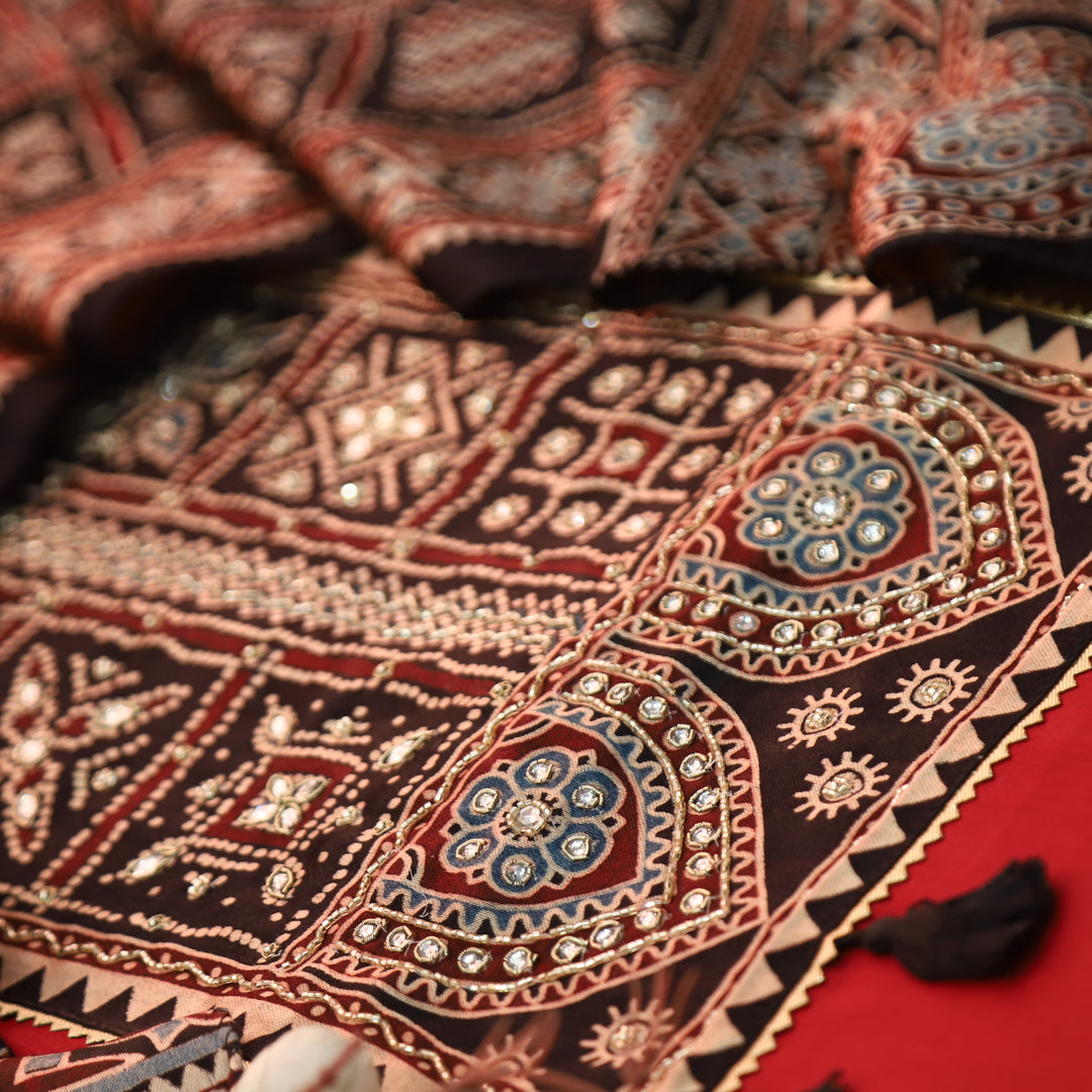 Malika Maroon Red with Mashru Print Patch Yoke Style Glazed Cotton Suit Set