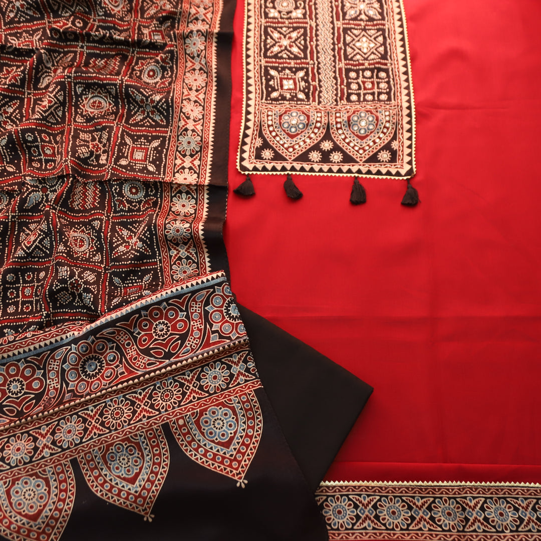 Malika Maroon Red with Mashru Print Patch Yoke Style Glazed Cotton Suit Set