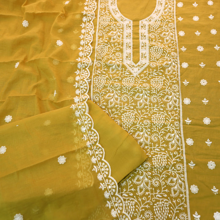 Sundra Mustard Yellow All Over Thread Embroidered Work with Moti Chanderi Suit Set