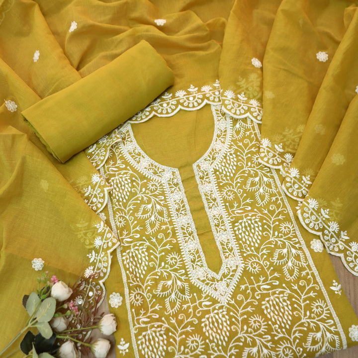 Sundra Mustard Yellow All Over Thread Embroidered Work with Moti Chanderi Suit Set