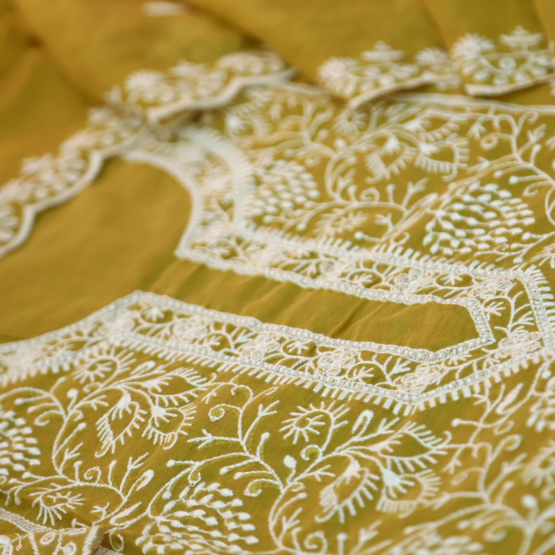 Sundra Mustard Yellow All Over Thread Embroidered Work with Moti Chanderi Suit Set