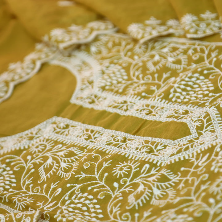 Sundra Mustard Yellow All Over Thread Embroidered Work with Moti Chanderi Suit Set