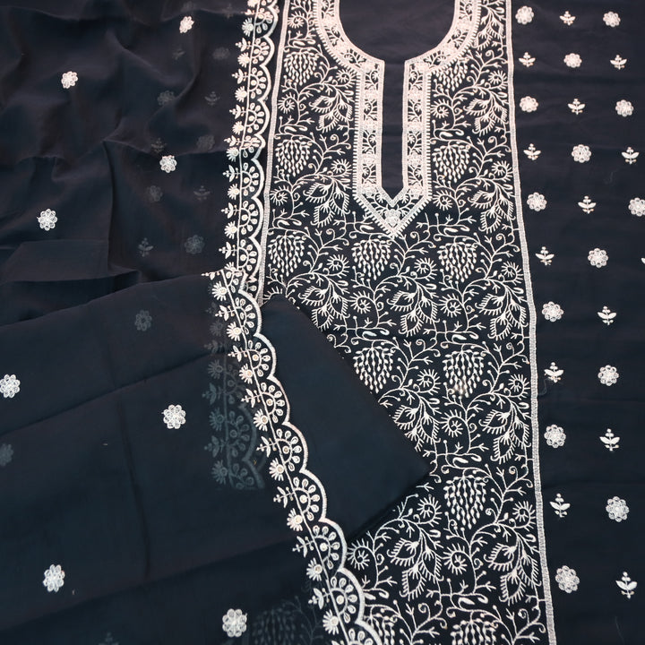Sundra Navy Blue All Over Thread Embroidered Work with Moti Chanderi Suit Set