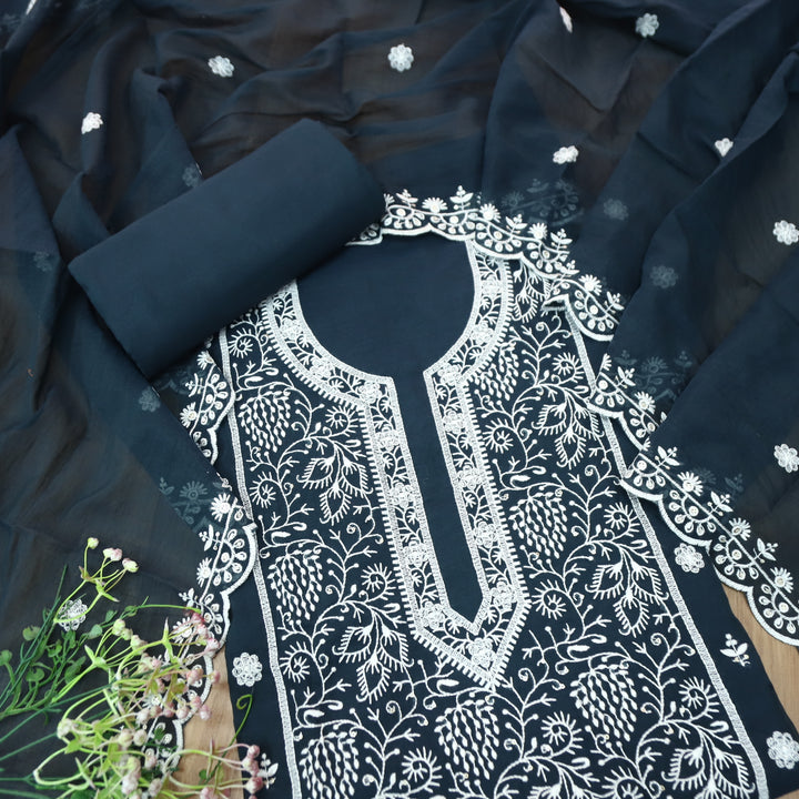 Sundra Navy Blue All Over Thread Embroidered Work with Moti Chanderi Suit Set