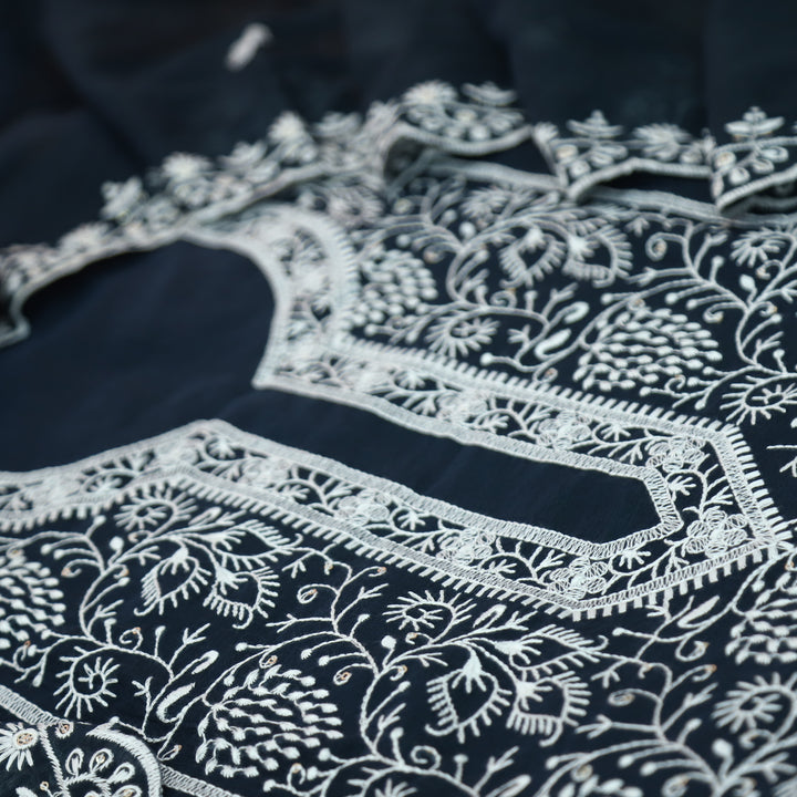 Sundra Navy Blue All Over Thread Embroidered Work with Moti Chanderi Suit Set