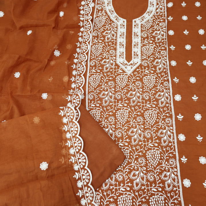 Sundra Rust Orange All Over Thread Embroidered Work with Moti Chanderi Suit Set