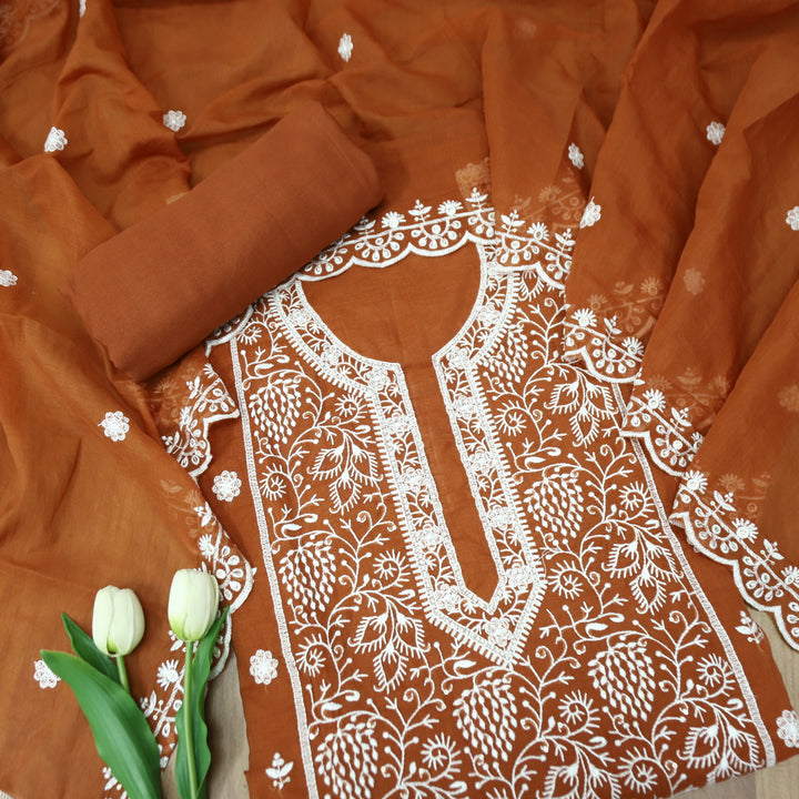 Sundra Rust Orange All Over Thread Embroidered Work with Moti Chanderi Suit Set