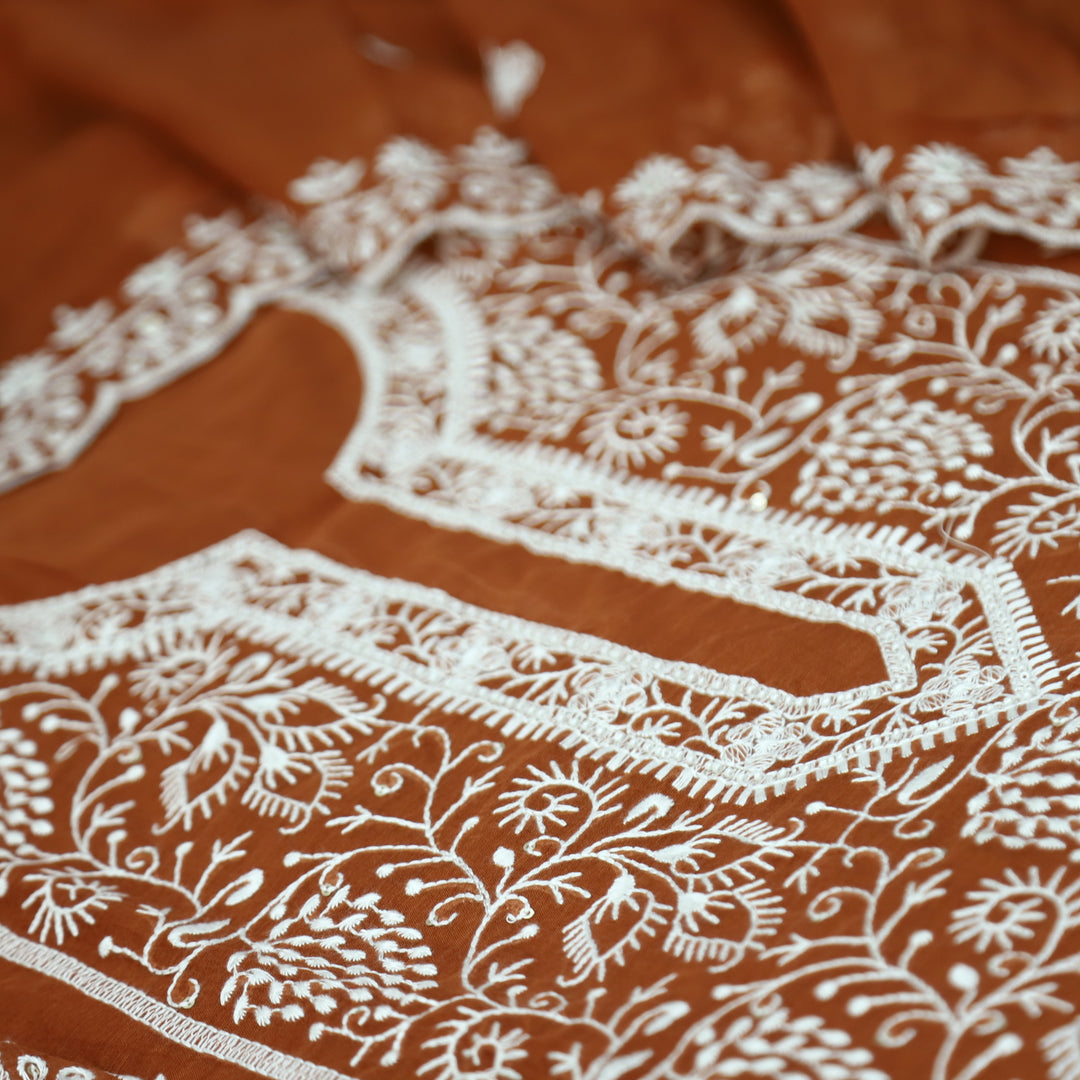 Sundra Rust Orange All Over Thread Embroidered Work with Moti Chanderi Suit Set