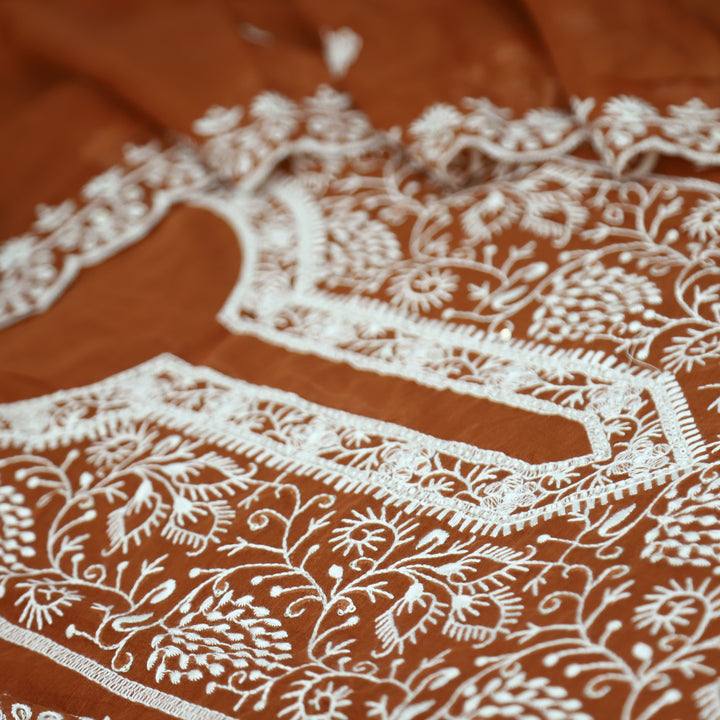 Sundra Rust Orange All Over Thread Embroidered Work with Moti Chanderi Suit Set