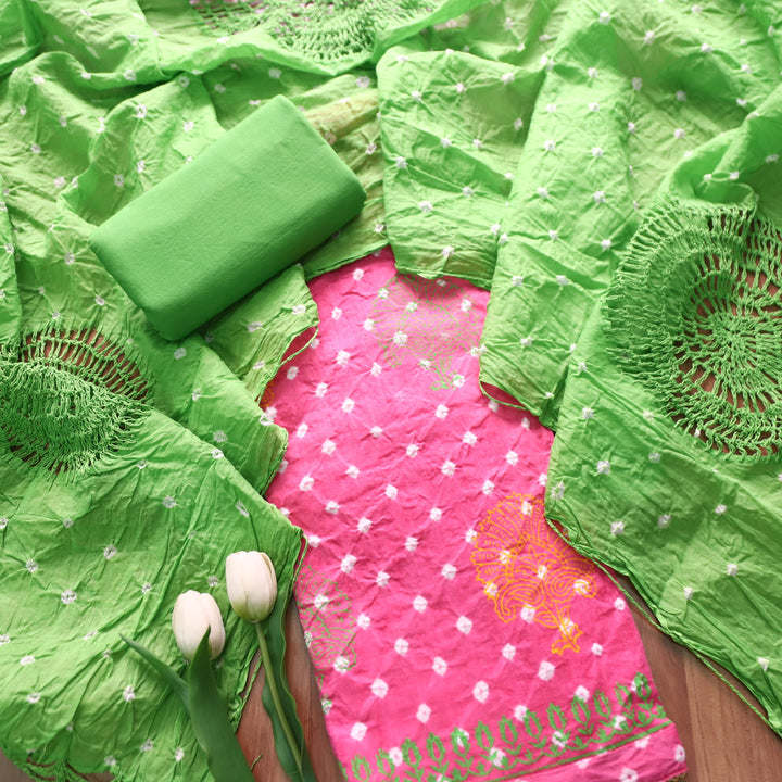 Sundri Flamingo Pink Block Printed Work in All Over Bandhej Cotton Suit Set