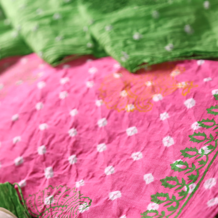 Sundri Flamingo Pink Block Printed Work in All Over Bandhej Cotton Suit Set