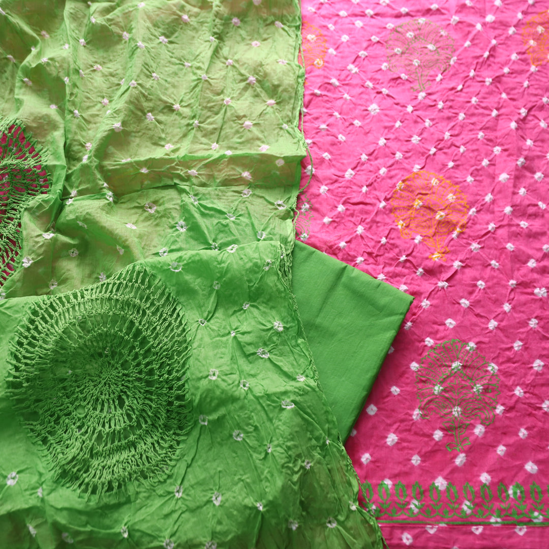 Sundri Flamingo Pink Block Printed Work in All Over Bandhej Cotton Suit Set