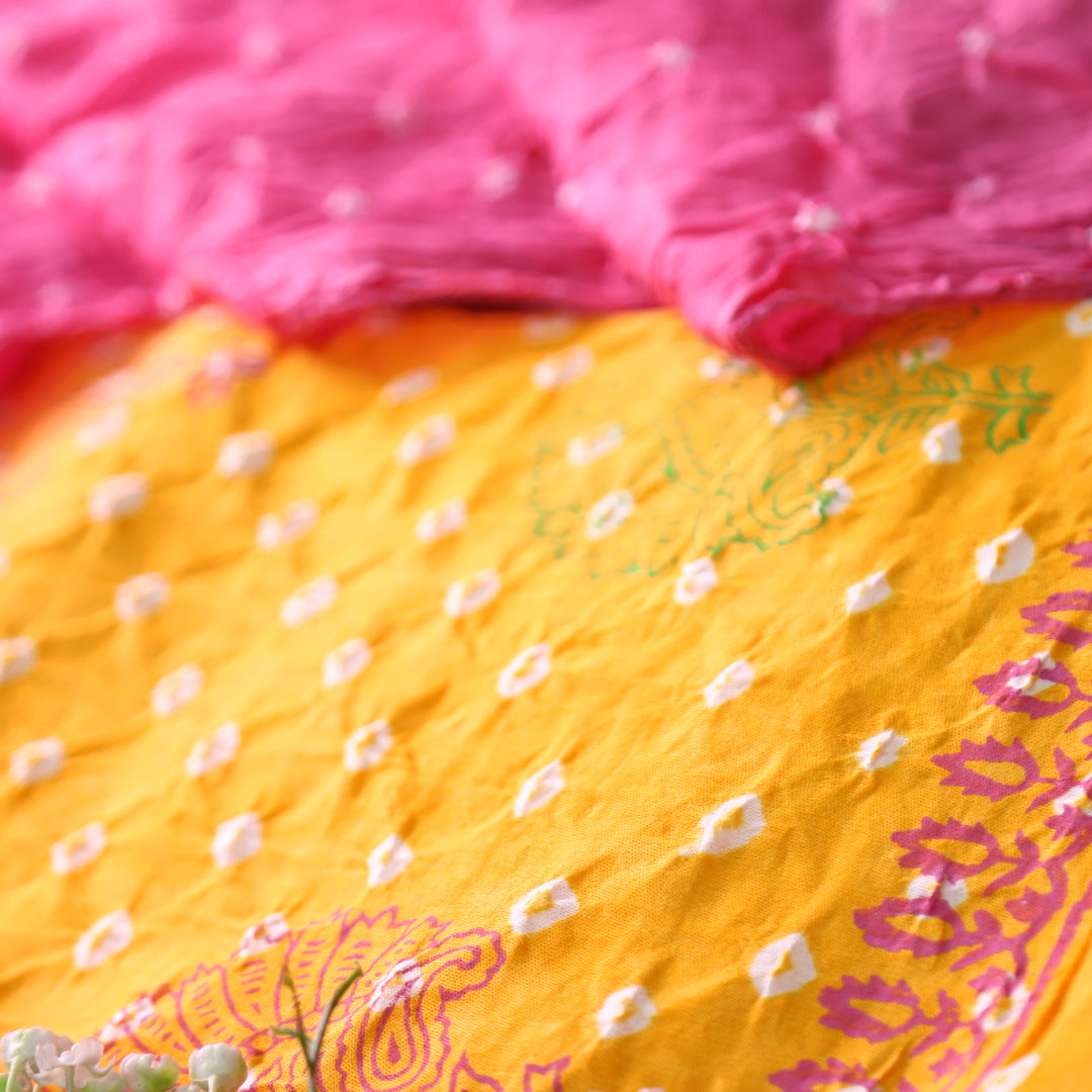 Sundri Sunflower Yellow Block Printed Work in All Over Bandhej Cotton Suit Set