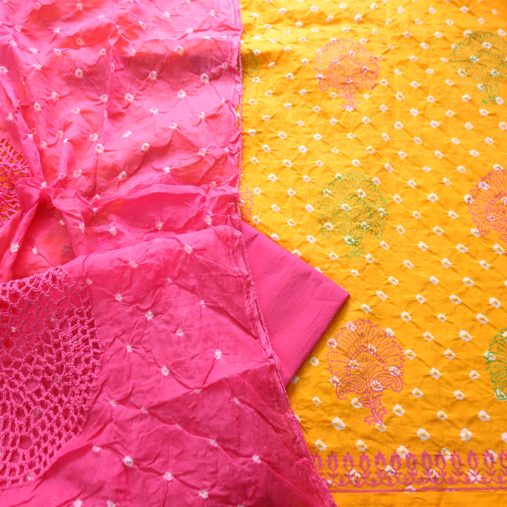 Sundri Sunflower Yellow Block Printed Work in All Over Bandhej Cotton Suit Set