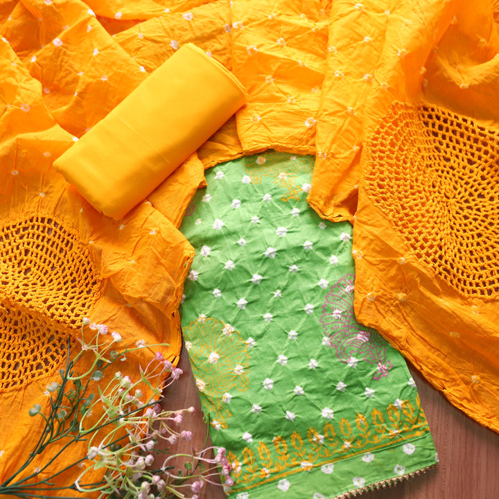 Sundri Parrot Green Block Printed Work in All Over Bandhej Cotton Suit Set