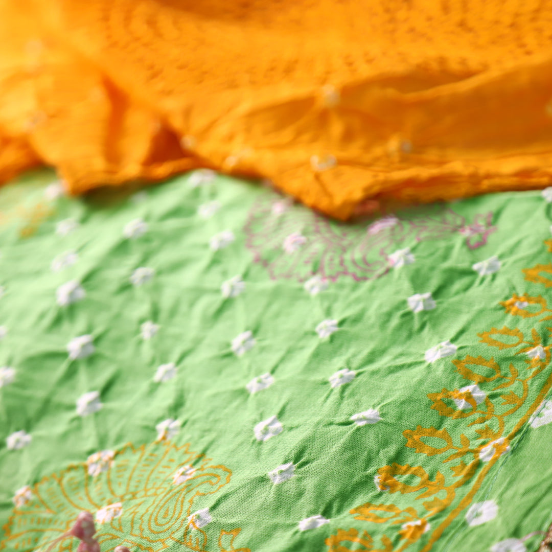 Sundri Parrot Green Block Printed Work in All Over Bandhej Cotton Suit Set