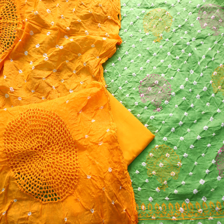 Sundri Parrot Green Block Printed Work in All Over Bandhej Cotton Suit Set