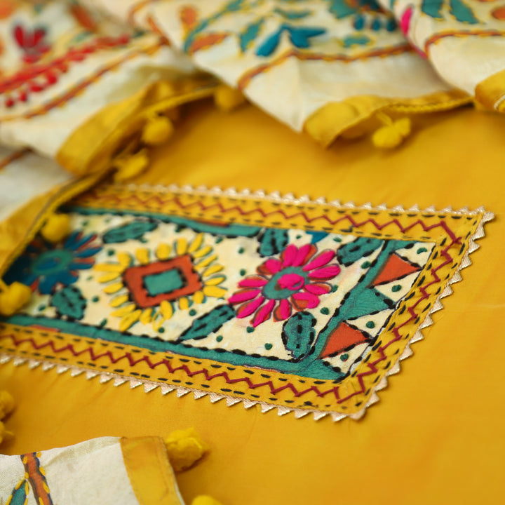 Kudiye Sunflower Yellow Phulkari Neck Patch Work Glazed Cotton Top With Art Silk Dupatta