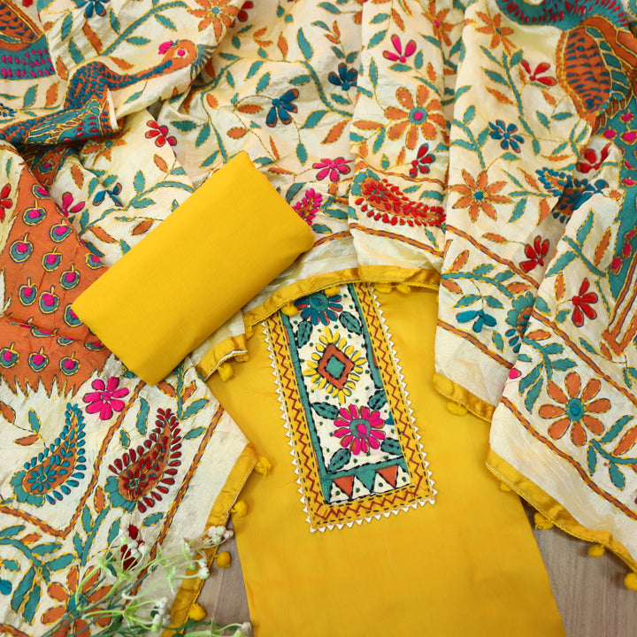 Kudiye Sunflower Yellow Phulkari Neck Patch Work Glazed Cotton Top With Art Silk Dupatta