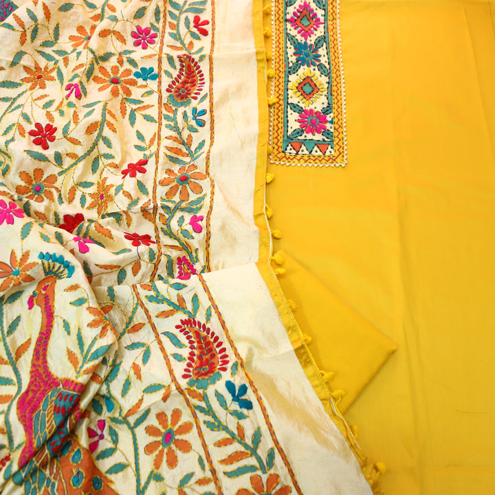 Kudiye Sunflower Yellow Phulkari Neck Patch Work Glazed Cotton Top With Art Silk Dupatta