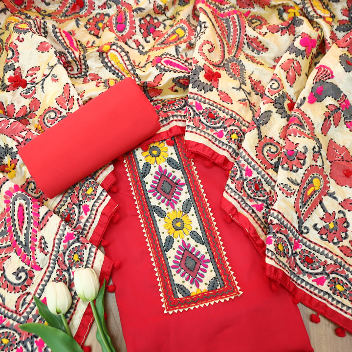 Kudiye Coral Blush Phulkari Neck Patch Work Glazed Cotton Top With Art Silk Dupatta